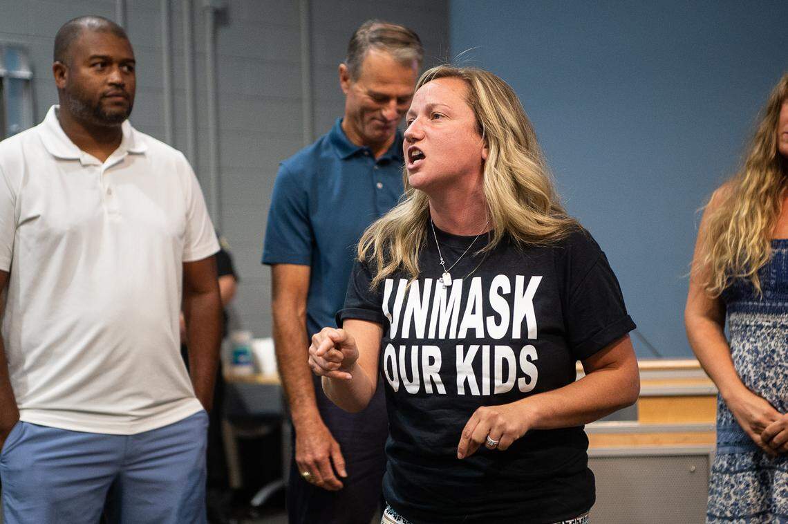 McDowell County parent Stephanie Parsons speaks after a meeting with the Buncombe County Board of Education on Thursday, August 5, 2021.