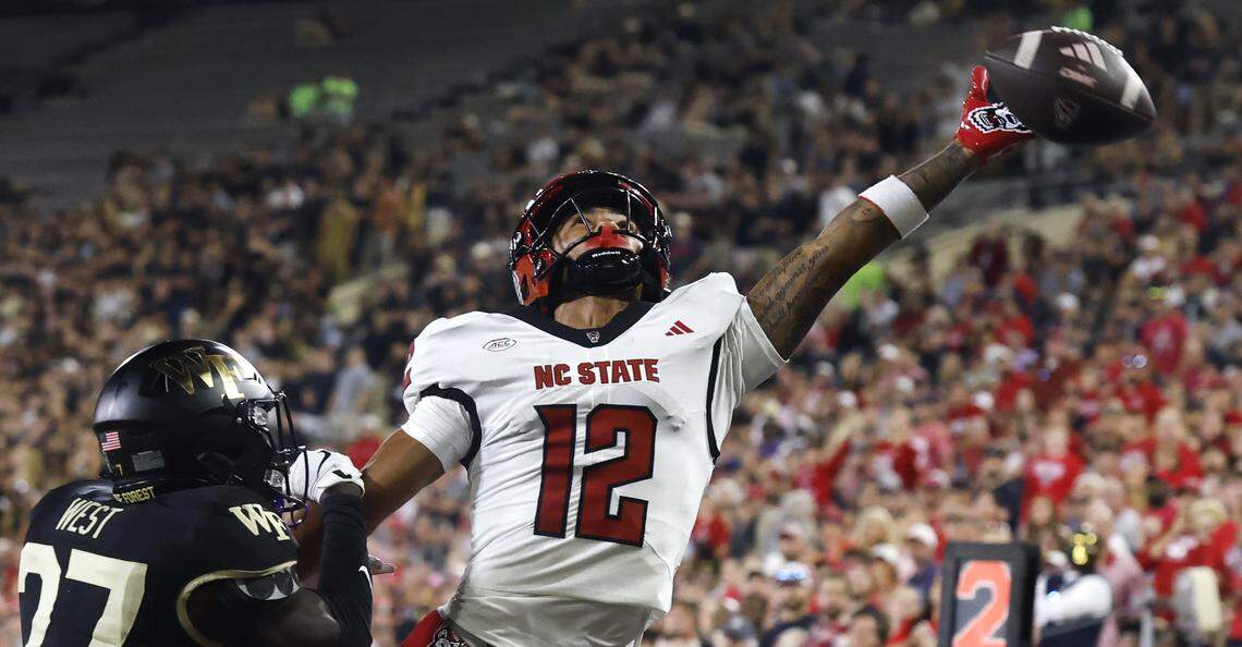 N.C. State wide receiver Teddy Hoffmann (12) can’t pull in the reception as Wake Forest defensive back Travon West (27) defends during the second half of N.C. State’s 34-24 victory over Wake Forest at Allegacy Stadium in Winston-Salem, N.C., Thursday, Sept. 11, 2025.