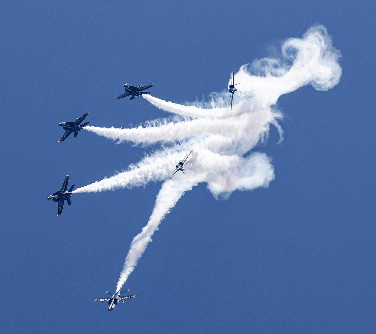 The Blue Angels perform during the MCAS Cherry Point Air Show in Havelock, N.C., Sunday, May 10, 2026. Thousands attended the two day event which featured the Blue Angels, F-35 Lightning II, the F-16 Viper, the AV-8B Harrier and many other performers.