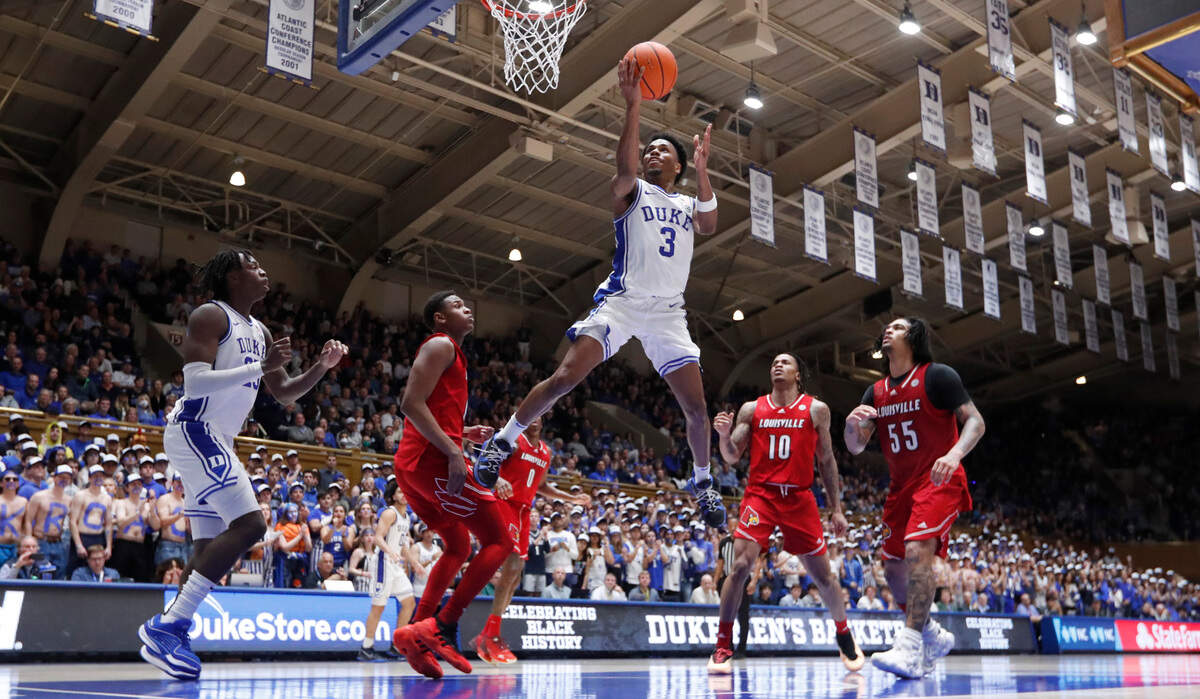 Duke’s Jeremy Roach (3) heads to score two during Duke’s 84-59 victory over Louisville at Cameron Indoor Stadium in Durham, N.C., Wednesday, Feb. 28, 2024.