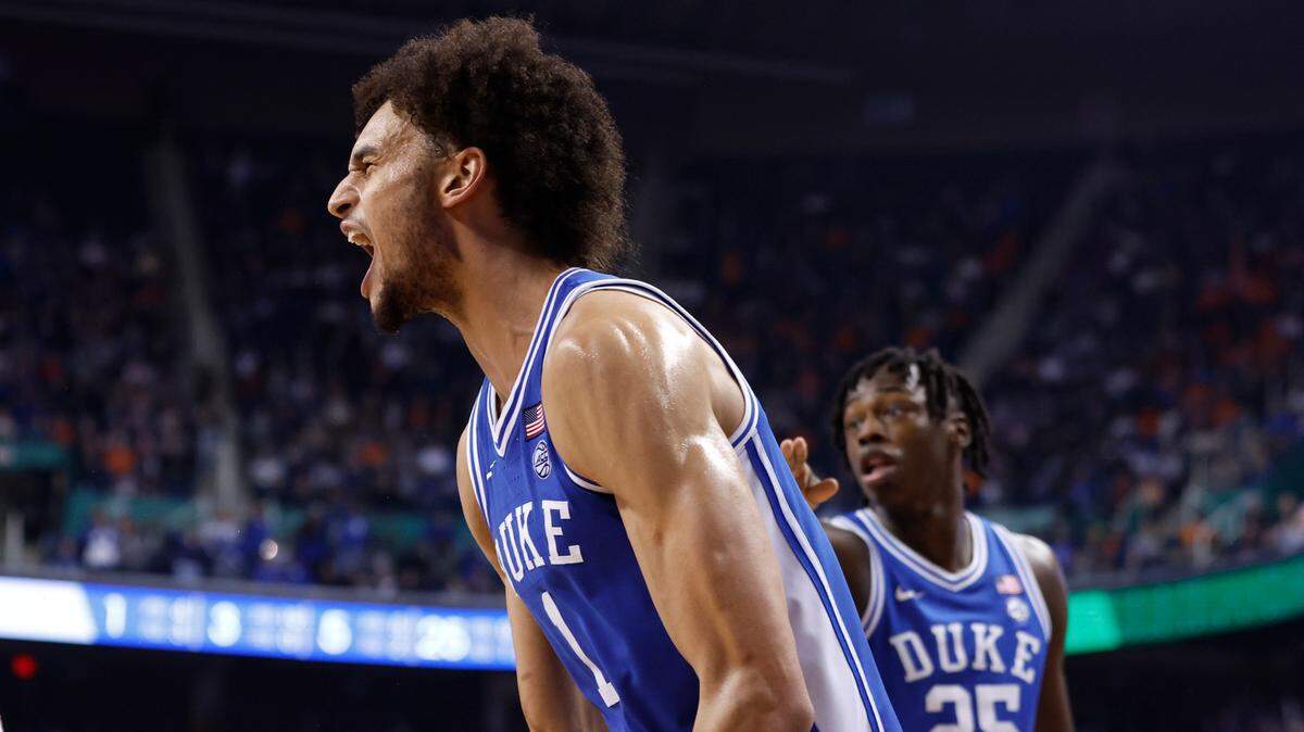 Duke’s Dereck Lively II (1) celebrates after Virginia turned the ball over during the second half of Duke’s 59-49 victory over Virginia to win the ACC Men’s Basketball Tournament in Greensboro, N.C., Saturday, March 11, 2023.