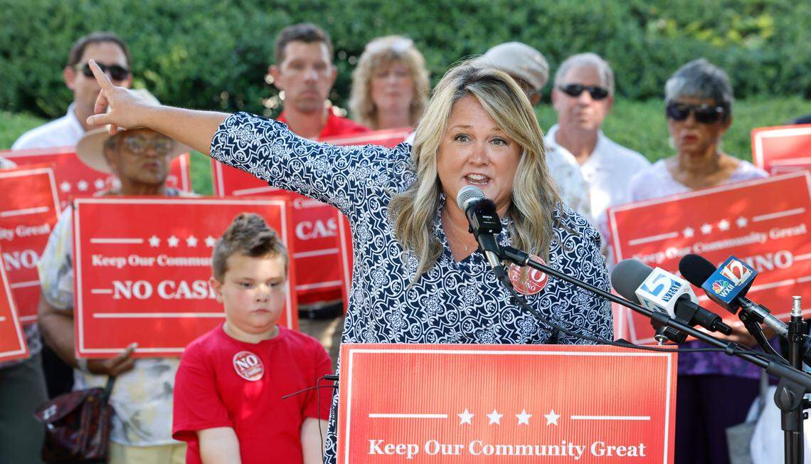 Joni Robbins of Nashville, N.C., speaks during a press conference outside the N.C. Legislative building Tuesday, Sept. 5, 2023, by Citizens for Good Growth in Rockingham County. The press conference was to speak out against the legalization of casino gambling and video lottery terminals.