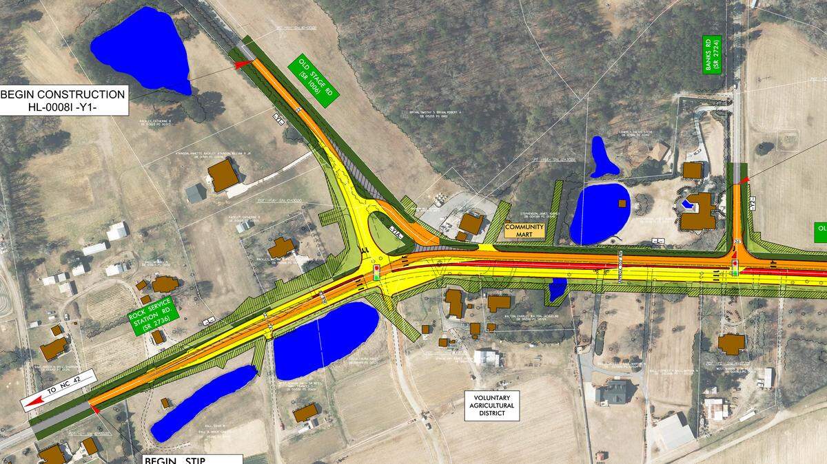 The intersection of Old Stage Road, top, and Rock Service Station Road will be converted from a Y to a T, with a new set of traffic lights.