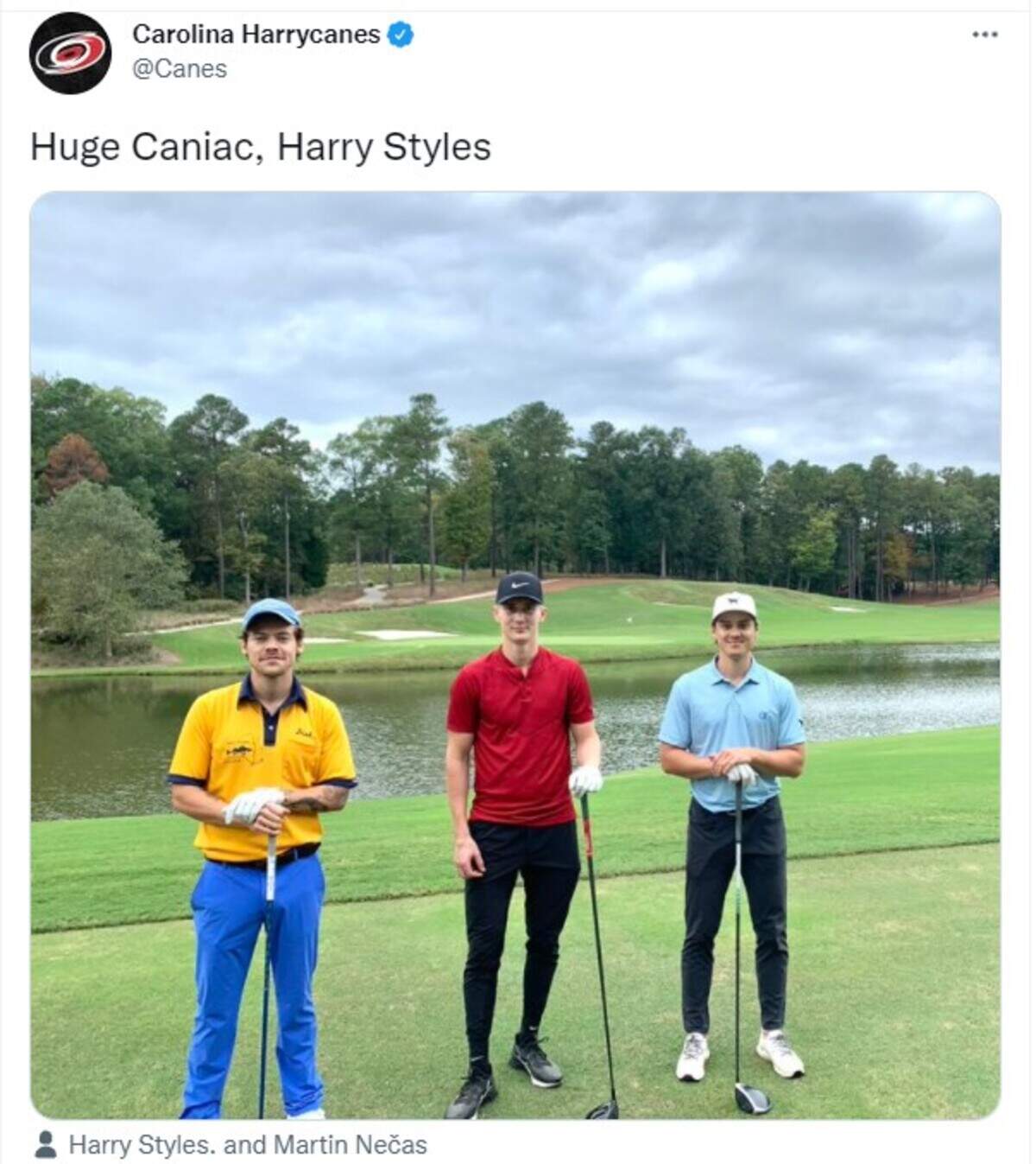 The Carolina Hurricanes tweeted out a photo of singer Harry Styles, left, with Canes forwards Martin Necas and Sebastian Aho Oct. 11, 2021 with the caption “Huge Caniac, Harry Styles.” The Canes also temporarily changed its Twitter handle to “Carolina Harrycanes.”