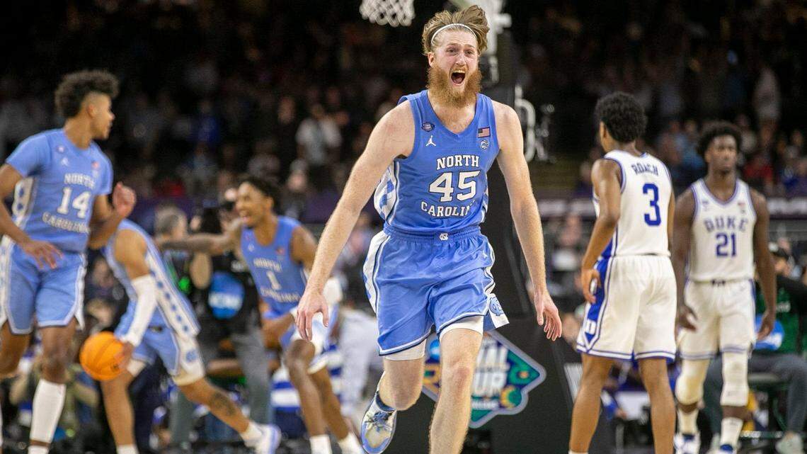 North Carolinas Brady Manek (45) reacts as time expires and the Tar Heels celebrate their 81-77 victory over Duke in the the NCAA Final Four semi-final on Saturday, April 2, 2022 at Caesars Superdome in New Orleans, La.