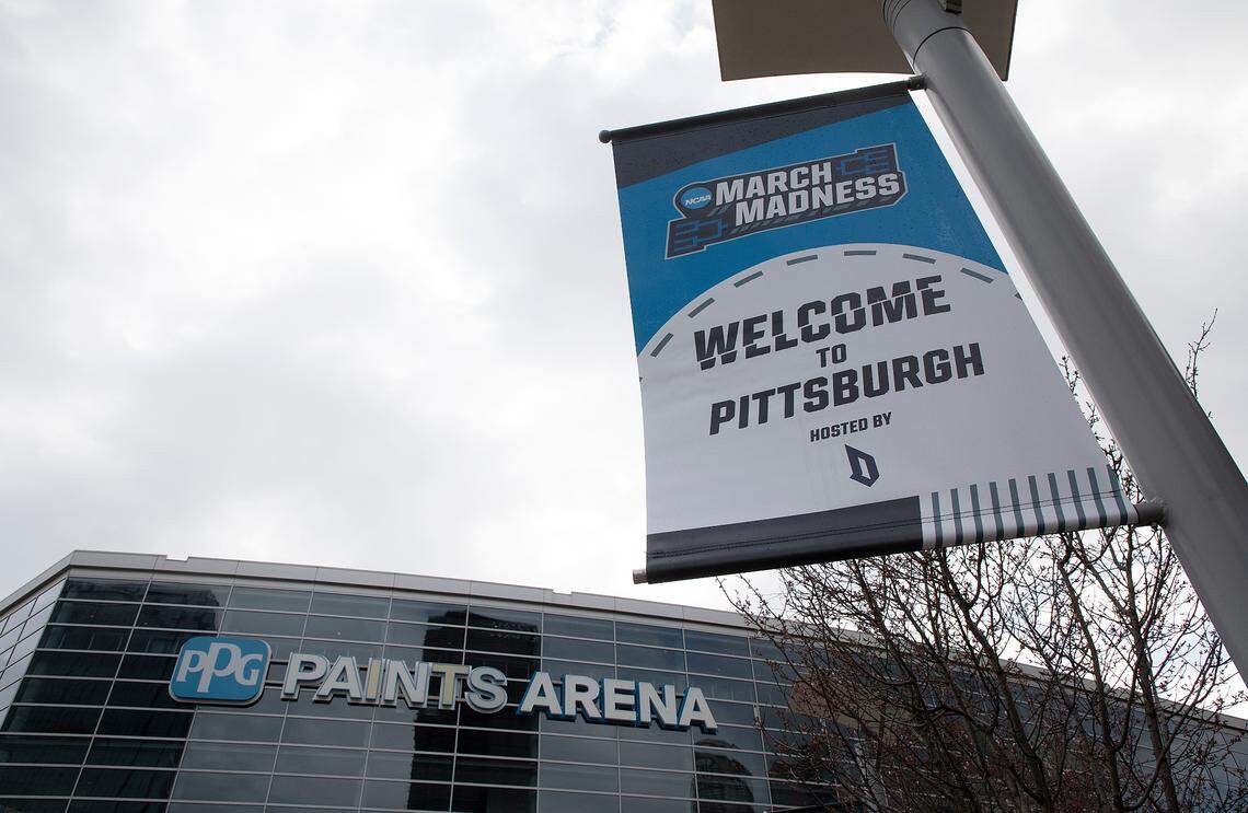 Signs outside of PPG Paints Arena advertise NCAA March Madness on Wednesday, March 20, 2024, in Pittsburgh, Pa. N.C. State will face sixth-seeded Texas Tech at 9:40 p.m. on Thursday in Pittsburgh.