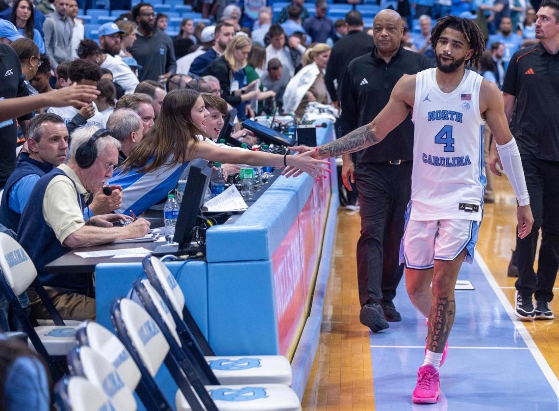 North Carolina’s R.J. Davis (4) leaves the court following a career night, scoring 42 points in the Tar Heels’ 75-61 victory over Miami, on Monday, February 26, 2024 at the Smith Center in Chapel Hill, N.C.