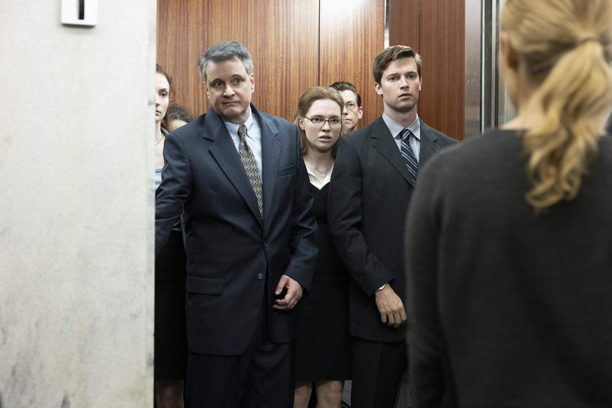 Colin Firth as Michael Peterson, Odessa Young as Martha Ratliff and Patrick Schwarzenegger as Todd Peterson in the HBO Max series “The Staircase.”