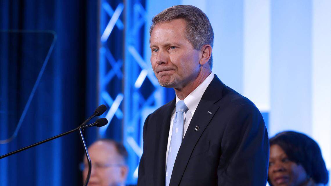 UNC-Chapel Hill Chancellor Kevin Guskiewicz pauses while speaking during a ceremony in Chapel Hill, N.C. celebrating Guskiewicz being named chancellor Friday, Dec. 13, 2019.