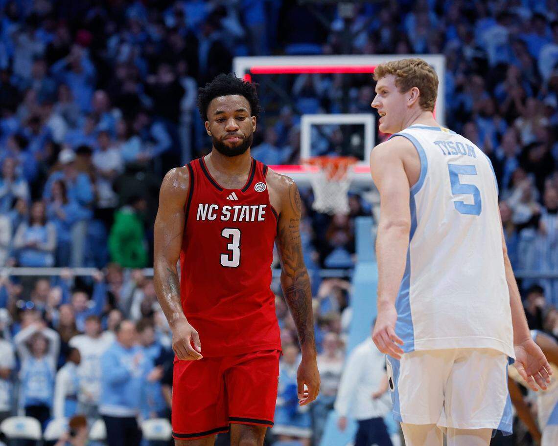 N.C. State’s Dontrez Styles walks off the court following the Wolfpack’s 97-73 loss to North Carolina on Wednesday, Feb. 19, 2025, at the Smith Center in Chapel Hill, N.C. 