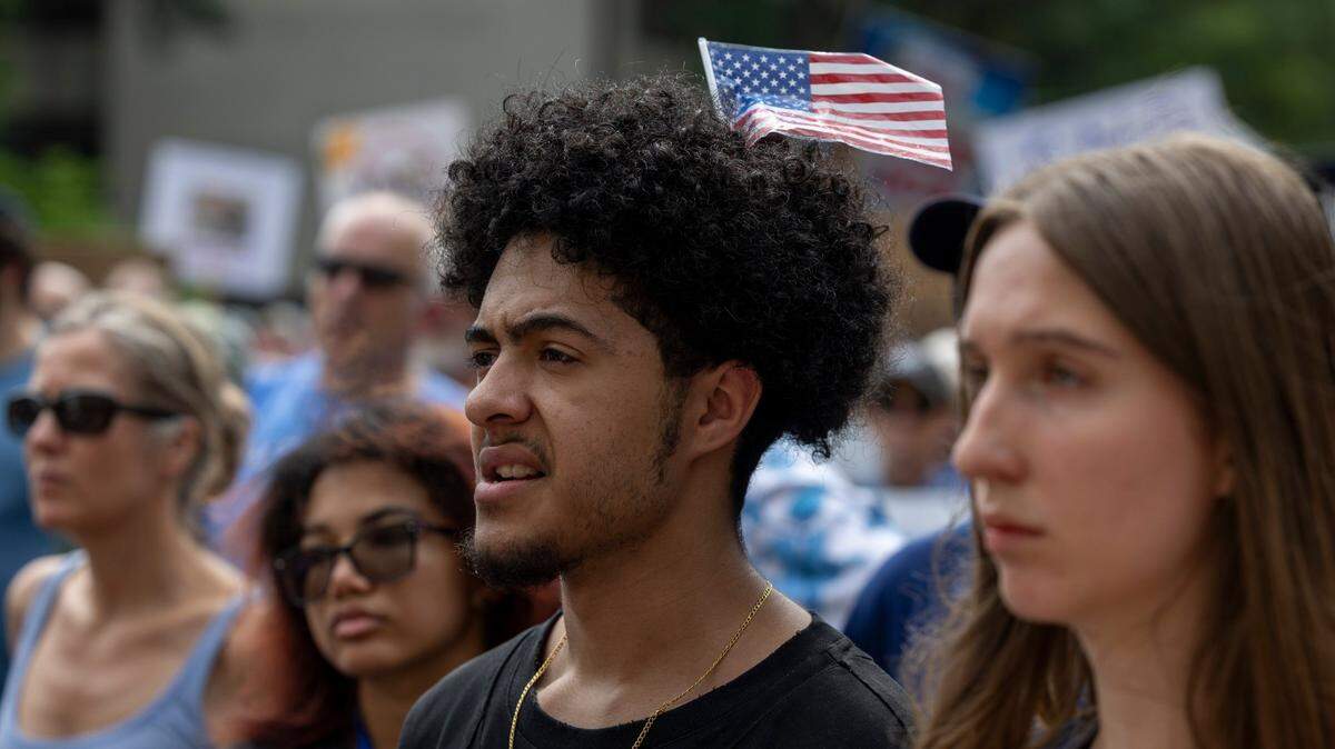 Hundreds of demonstrators rally at the North Carolina State Capitol on Saturday, June 14, 2025. The event was one of dozens held across the state and hundreds nationwide during what organizers called a nationwide day of defiance against the Trump administration.