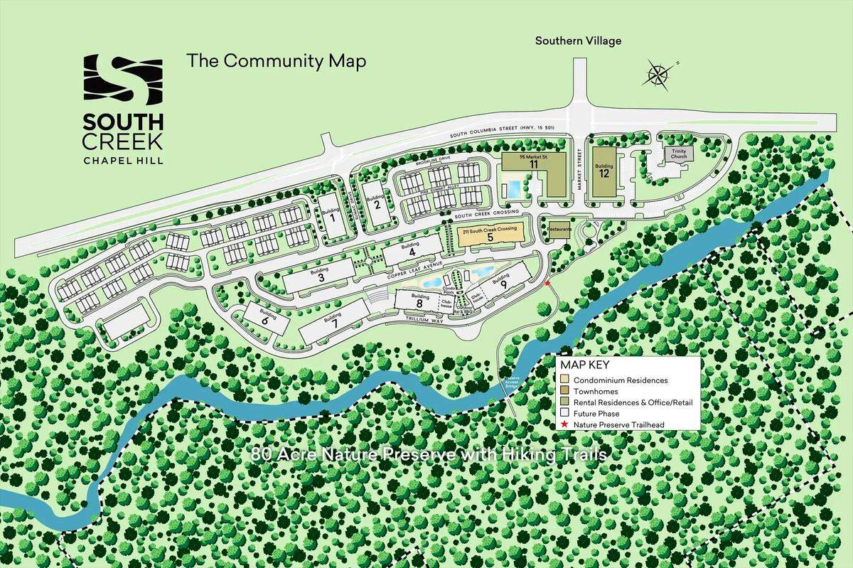 A site plan shows the first phase of South Creek’s construction at Market Street and U.S. 15-501 South, across from Southern Village. The second phase will start in 2026 and add four condo buildings, townhomes, and roads and other infrastructure.
