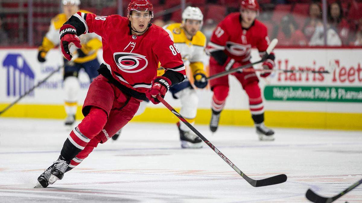 Carolina Hurricanes’ Martin Necas (88) skates during the first period against Nashville on Tuesday, October 5, 2021 at PNC Arena in Raleigh, N.C.
