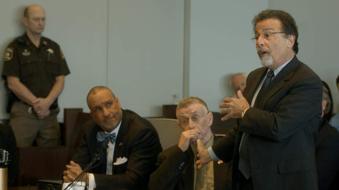 (From left): Butch Williams, Michael Peterson, David Rudolf in Episode 13 of "The Staircase" on Netflix. Netflix will have all 13 episodes of the documentary series (which includes three new episodes) for the first time starting June 8.