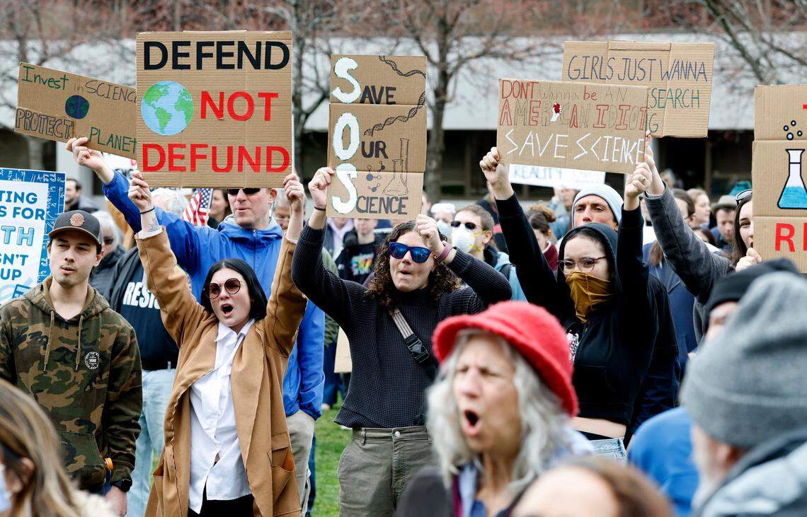 Hundreds attend the Stand Up for Science rally at Halifax Mall in Raleigh, N.C., Friday, March 7, 2025. The rally was one of over 30 rallies across the country to protest Pres. Donald Trump and Elon Musk’s cuts of scientific funding and what they consider anti-science orders.