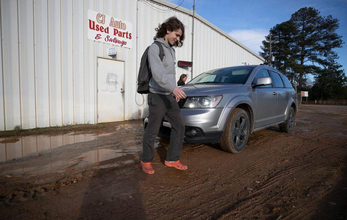 Rocky Carter and his mother Clancy Carter leave CJ Iron & Metal near Macon, NC on Tuesday, February, 2, 2021 to get Rocky to the gym for his basketball game after he completed his virtual studies for the da