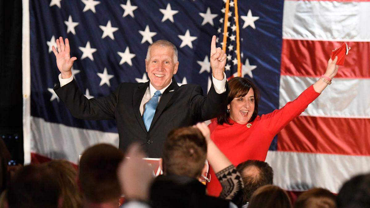 U.S. Sen. Thom Tillis of North Carolina and wife Susan wave after winning re-election during an election return party at Langtree Plantation in Mooresville, NC on Tuesday, November 3, 2020