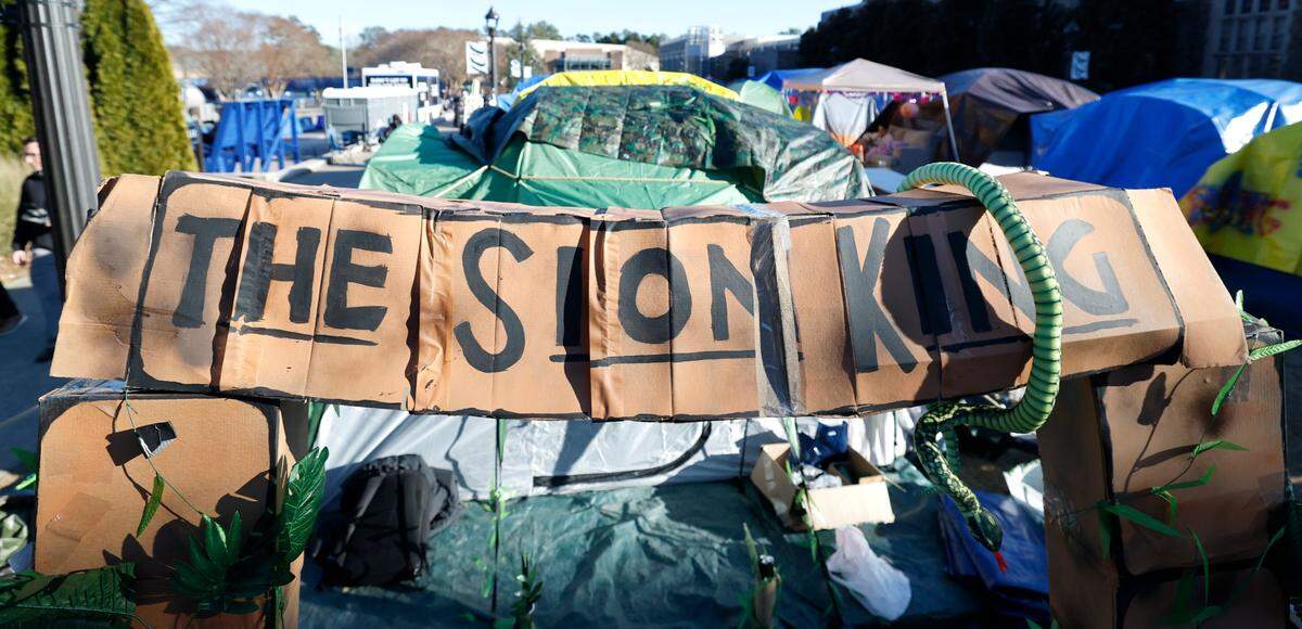 Decorations outside tents in Krzyzewskiville at Duke University in Durham, N.C., Tuesday, Jan. 28, 2025.