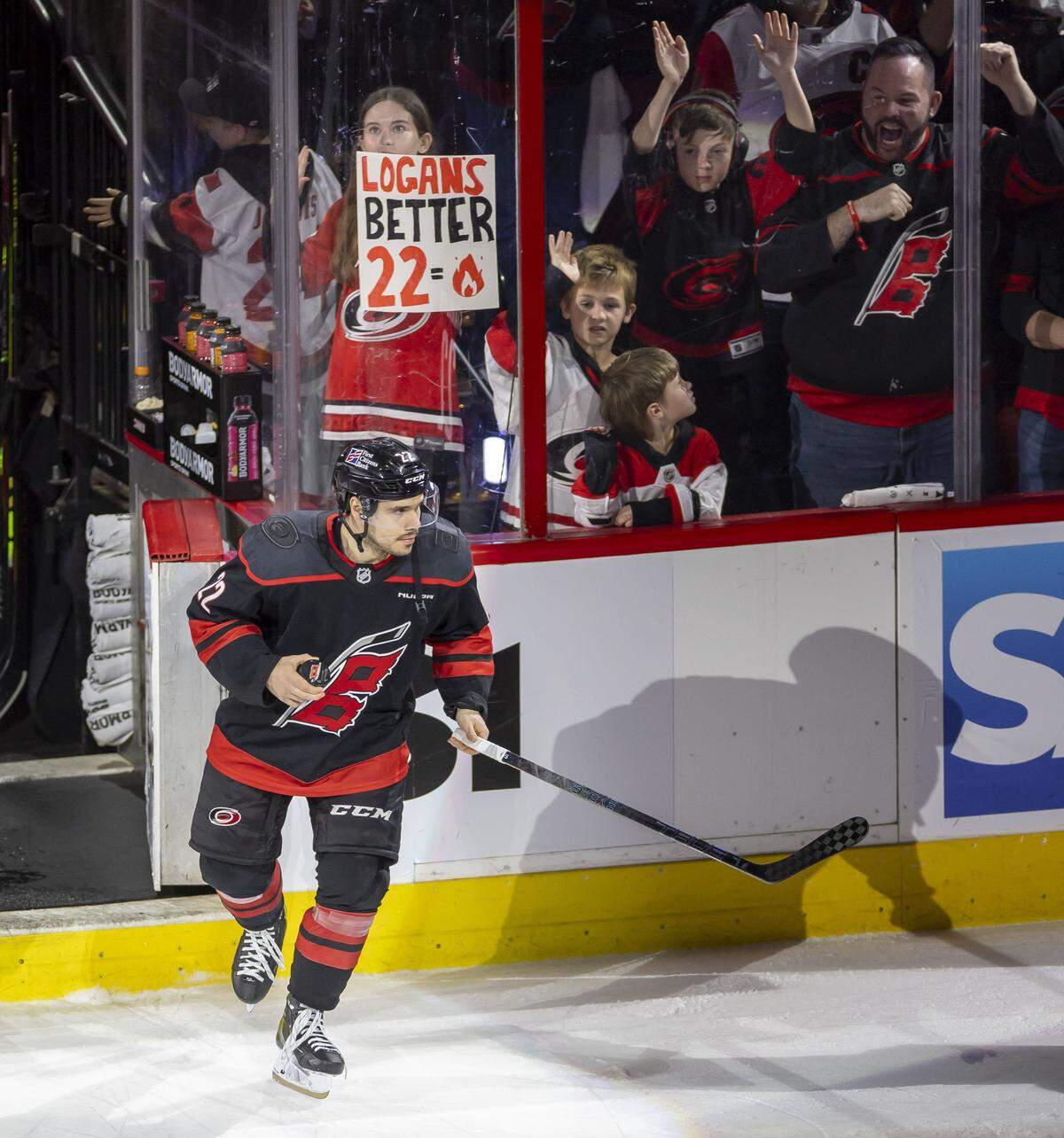 Carolina Hurricanes center Logan Stankoven (22) is recognized following the 3-0 victory over Philadelphia, after scoring two goals in Game 1 on Saturday, May 2, 2026, during the second round of the Stanley Cup Playoffs at Lenovo Center in Raleigh, N.C.