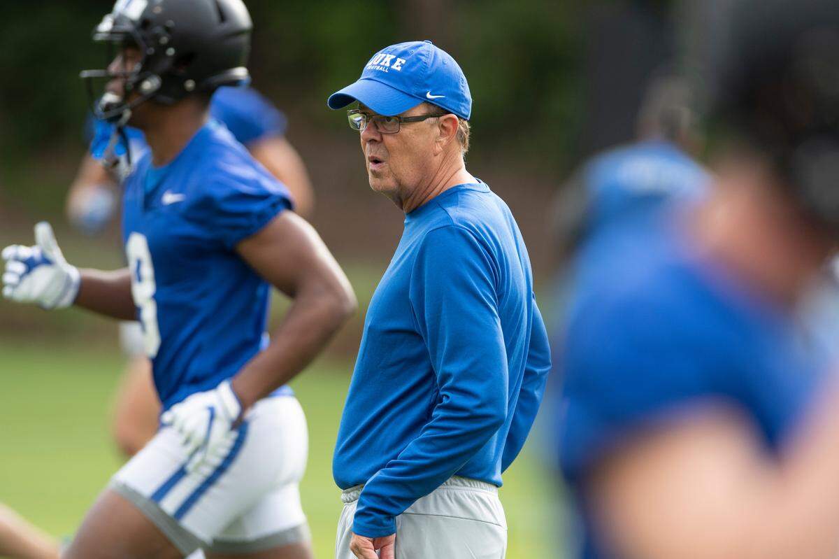 Duke coach David Cutcliffe watches drills as the Blue Devils hold their first football practice of the season Friday, August 2, 2019.