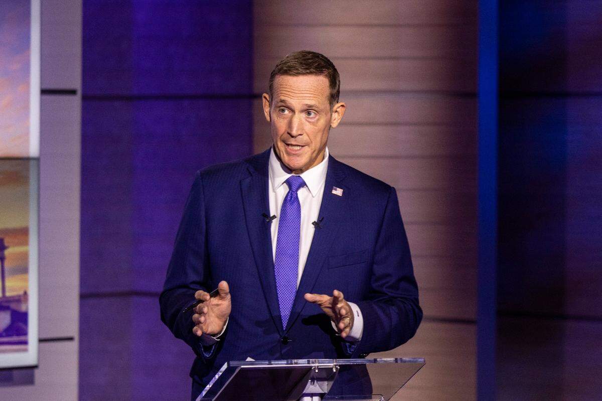 U.S. Senate Republican candidate Ted Budd answers a question during an hour-long debate with Democrat Cheri Beasley at Spectrum News 1 studio in Raleigh, NC Friday, Oct. 7, 2022.