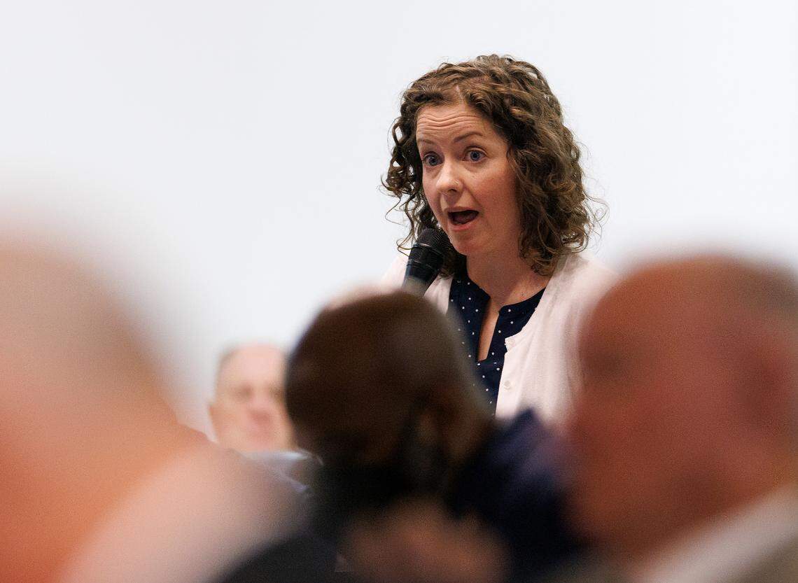 Rep. Lindsey Prather, a Democrat from Buncombe County, speaks as a bill including a series of power shifts is debated during a legislative session at the General Assembly on Tuesday, Nov. 19, 2024, in Raleigh, N.C.