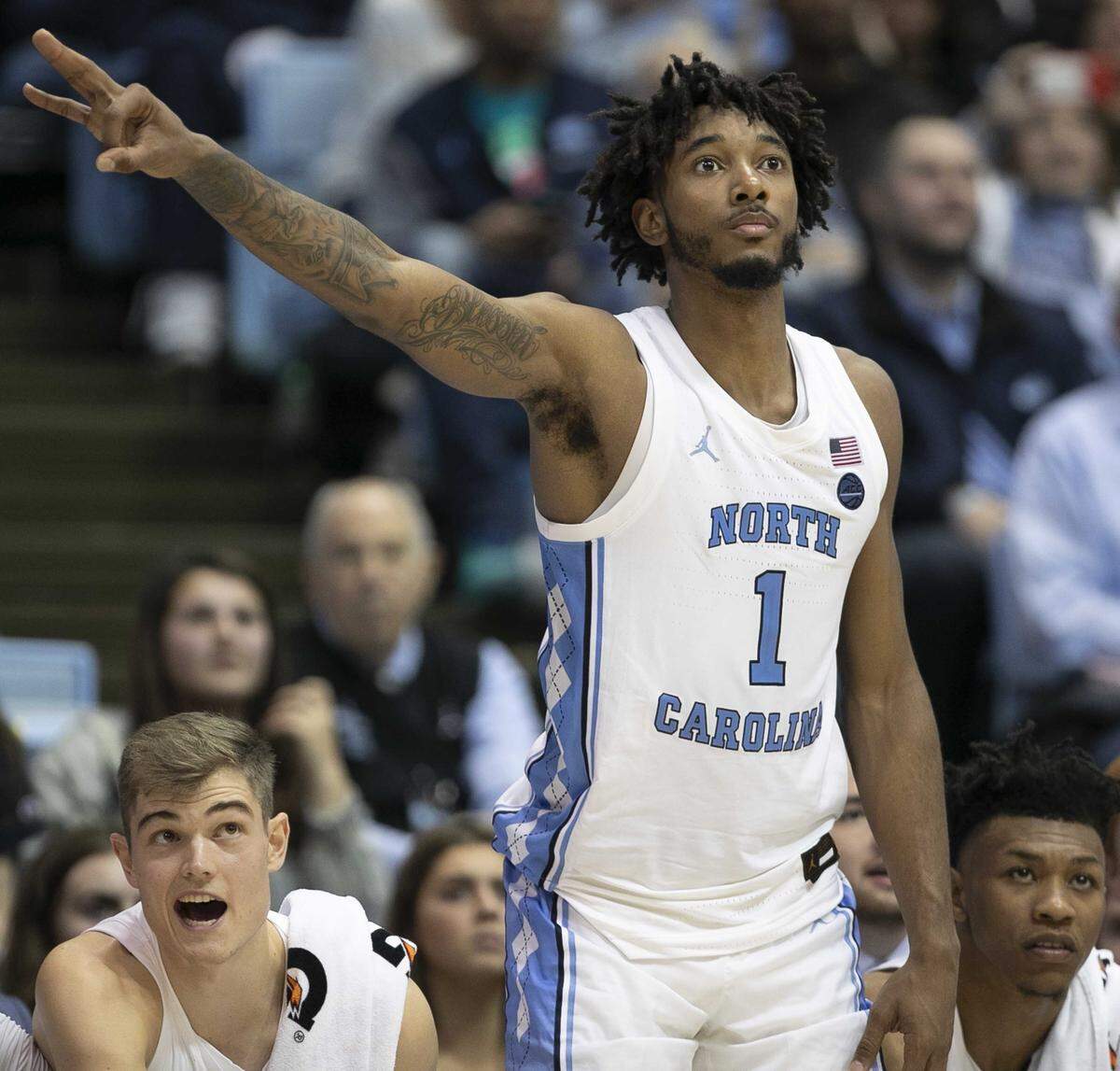 North Carolinas Leaky Black (1) reacts after a three-point basket by Shea Rush (11) in the closing minutes against Winston-Salem State on Friday, November 1, 2019 at the Smith Center in Chapel Hill, N.C.