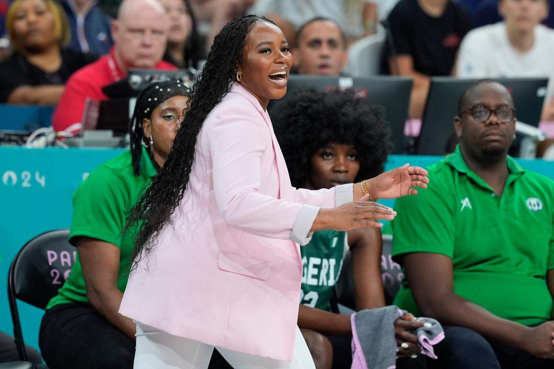 Aug 1, 2024; Villeneuve-d’Ascq, France; Nigeria head coach Rena Wakama looks on in the first half against France in a women’s group stage game during the Paris 2024 Olympic Summer Games at Stade Pierre-Mauroy.