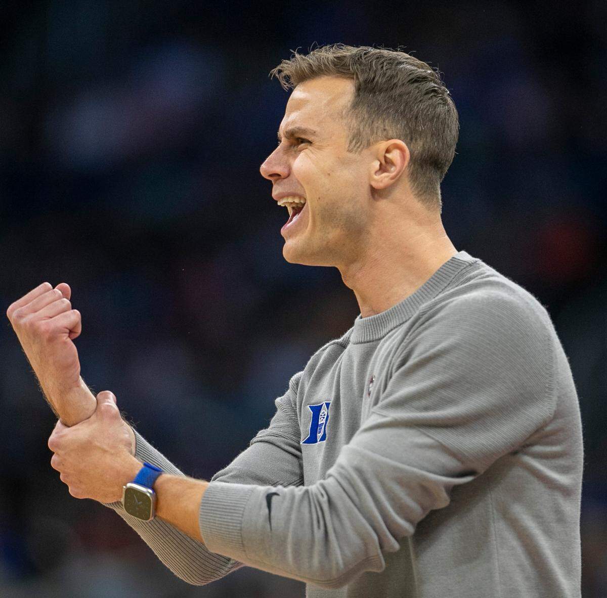 Duke coach Jon Scheyer reacts to a foul against Tyrese Proctor (5) in the first half against Oral Roberts during the first round of the NCAA Tournament on Thursday, March 16, 2023 at the Amway Center in Orlando, Fla.