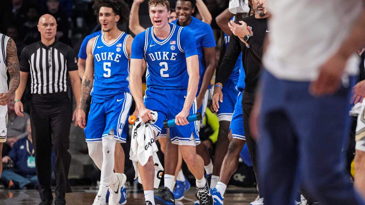 Duke Blue Devils guard Cooper Flagg (2) reacts on the bench during the game against the Georgia Tech Yellow Jackets at McCamish Pavilion.