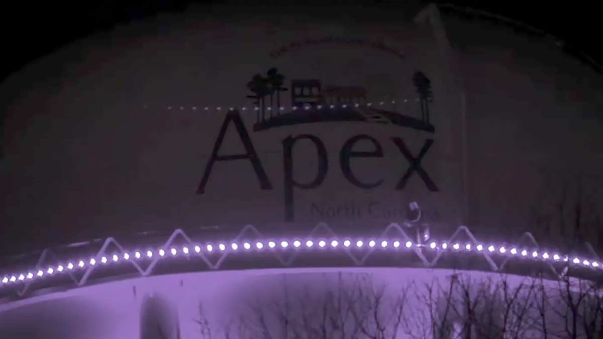 The lights on the water tower on Hunter Street in Apex, NC, were lit purple to signal a healing community after two women and a dog were shot and killed on Jan. 15, 2024.
