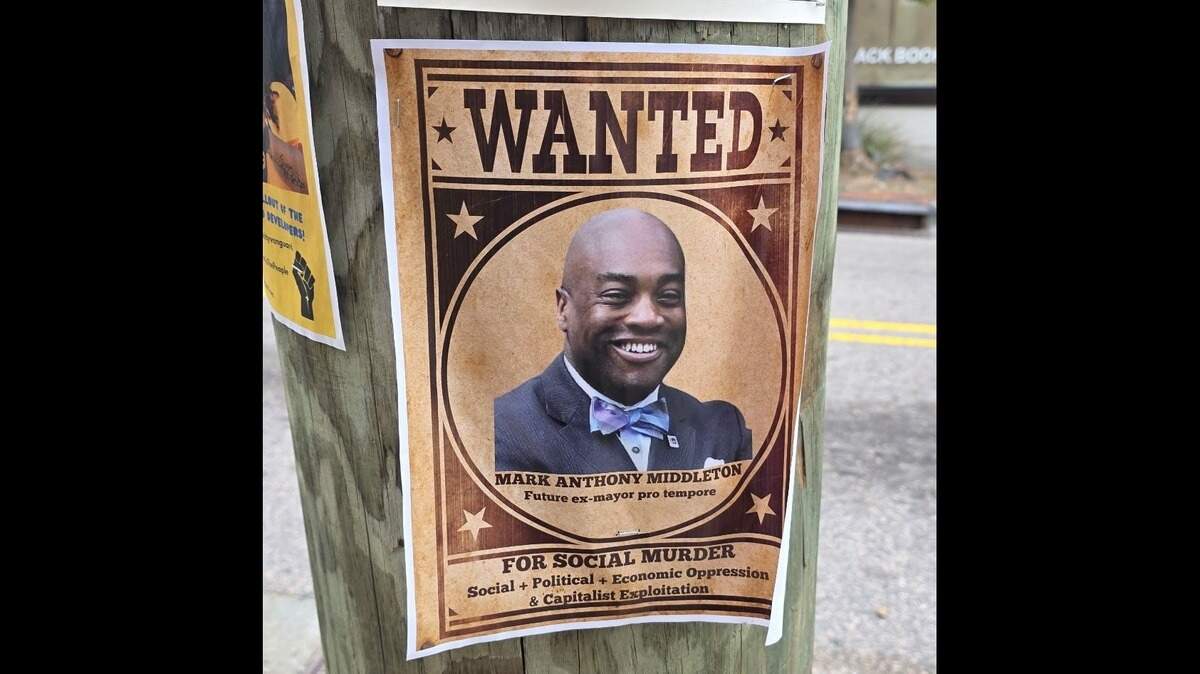 Councilman Mark-Anthony Middleton expressed his outrage over the use of his photo on a “wanted” posted in Durham, calling attention to the racial connotation of the image.