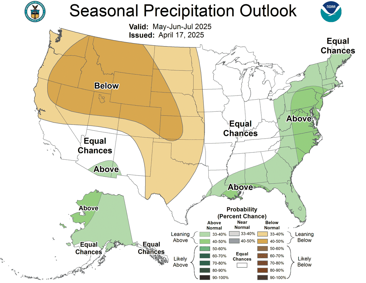 NOAA’s Climate Prediction Center says Raleigh and most of the rest of North Carolina can expect above-average rainfall through July 2025.