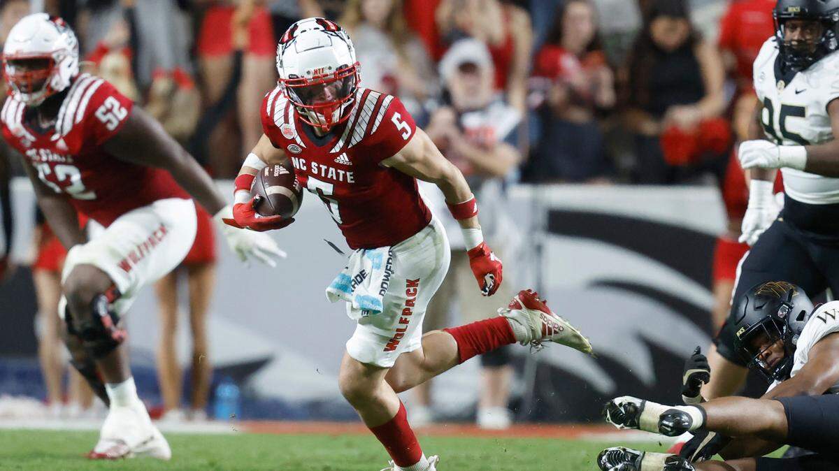 N.C. State wide receiver Thayer Thomas (5) breaks free during the second half of N.C. State’s 30-21 victory over Wake Forest at Carter-Finley Stadium in Raleigh, N.C., Saturday, Nov. 5, 2022.