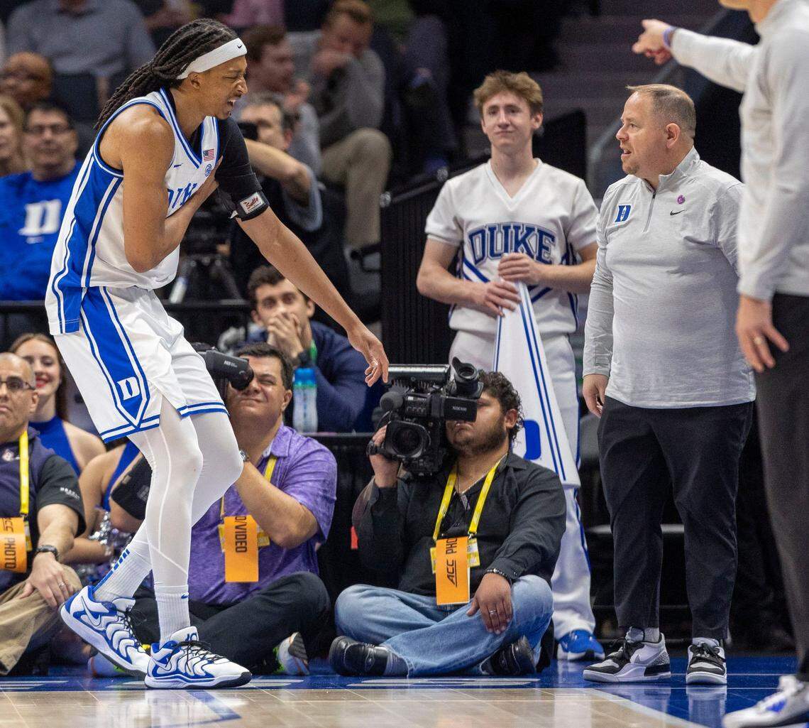 Duke’s Maliq Brown (6) walks to the bench after an injury the first half against Georgia Tech on Thursday, March 13, 2025 during the quarterfinals of the ACC Tournament at Spectrum Center in Charlotte, N.C.
