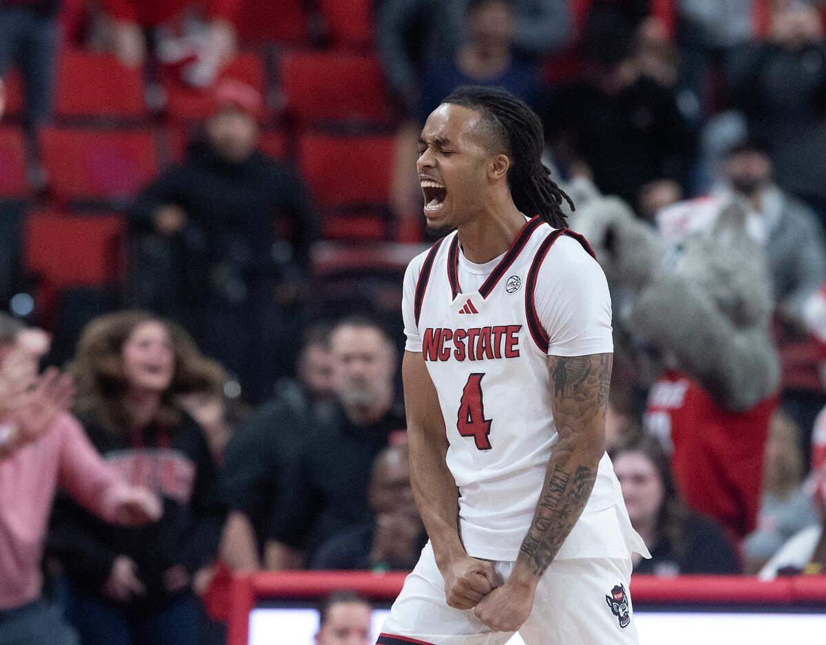 N.C. State’s Breon Pass reacts following the Wolfpack’s 66-65 win over Notre Dame on Wednesday, Jan. 8, 2025, at Lenovo Center in Raleigh, N.C.