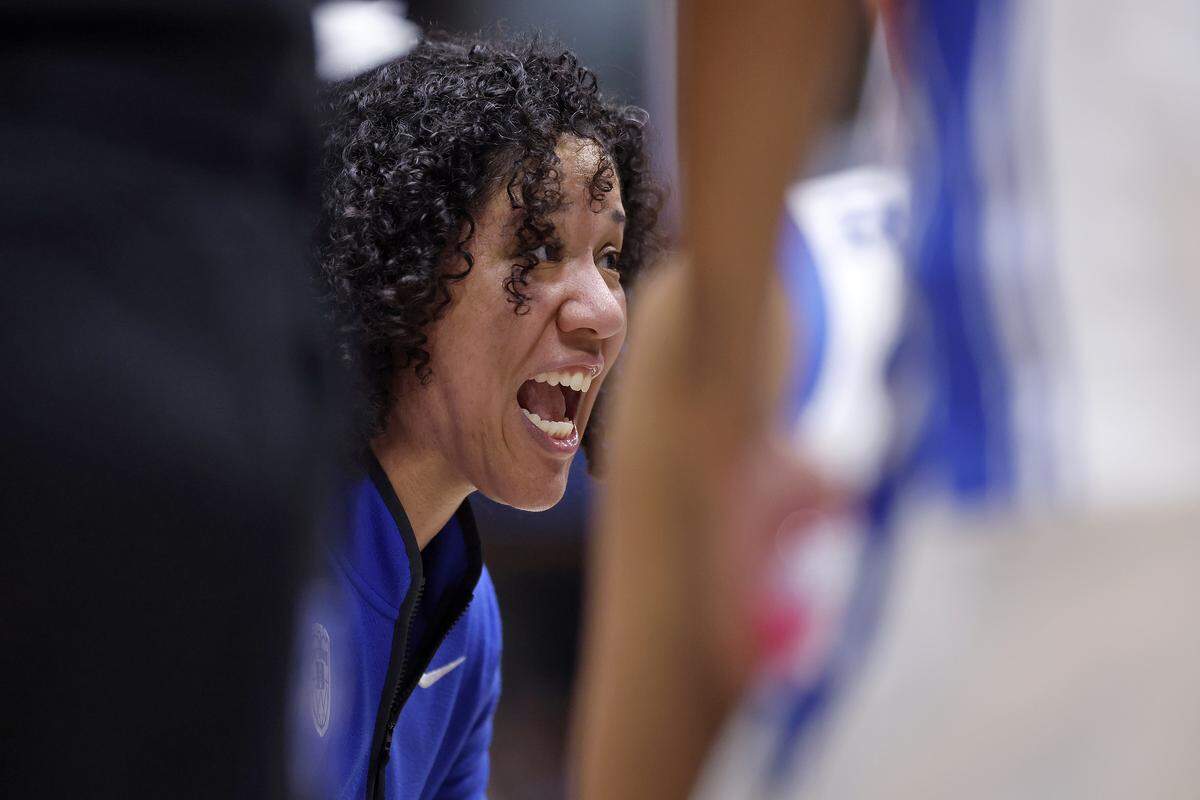 Duke head coach Kara Lawson speaks with her team during a timeout in the second half of the Blue Devils’ 69-46 second-round NCAA Tournament win over Baylor on Sunday, March 22, 2026, at Cameron Indoor Stadium in Durham, N.C.