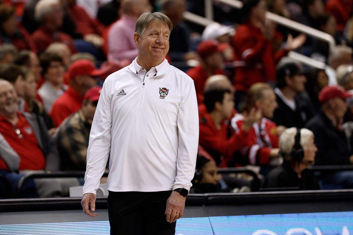 Head coach Wes Moore of the NC State Wolfpack reacts in the second half against the Maryland Terrapins at First Horizon Coliseum on Oct. 26, 2025 in Greensboro, North Carolina. Tuesday, Moore’s Wolfpack outlasted Tennessee in a season-opening battle between ranked teams.
