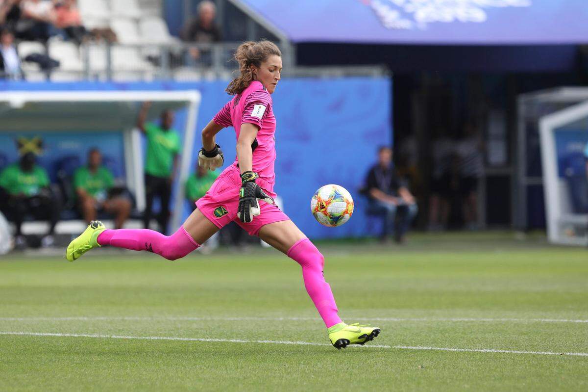 Jamaica goalkeeper Sydney Schneider kicks the ball after saving a penalty during the Women’s World Cup Group C soccer match between Brazil and Jamaica in Grenoble, France, Sunday, June 9, 2019.