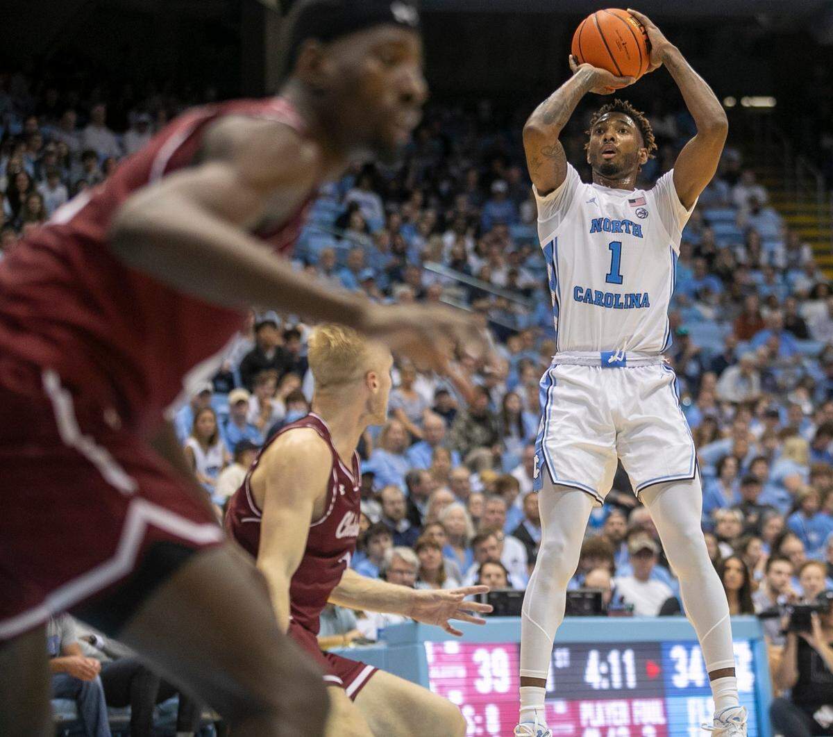 North Carolina’s Rechon ‘Leaky’ Black (1) puts up a shot against College of Charleston during the first half on Friday, November 11, 2022 at the Smith Center in Chapel Hill, N.C.