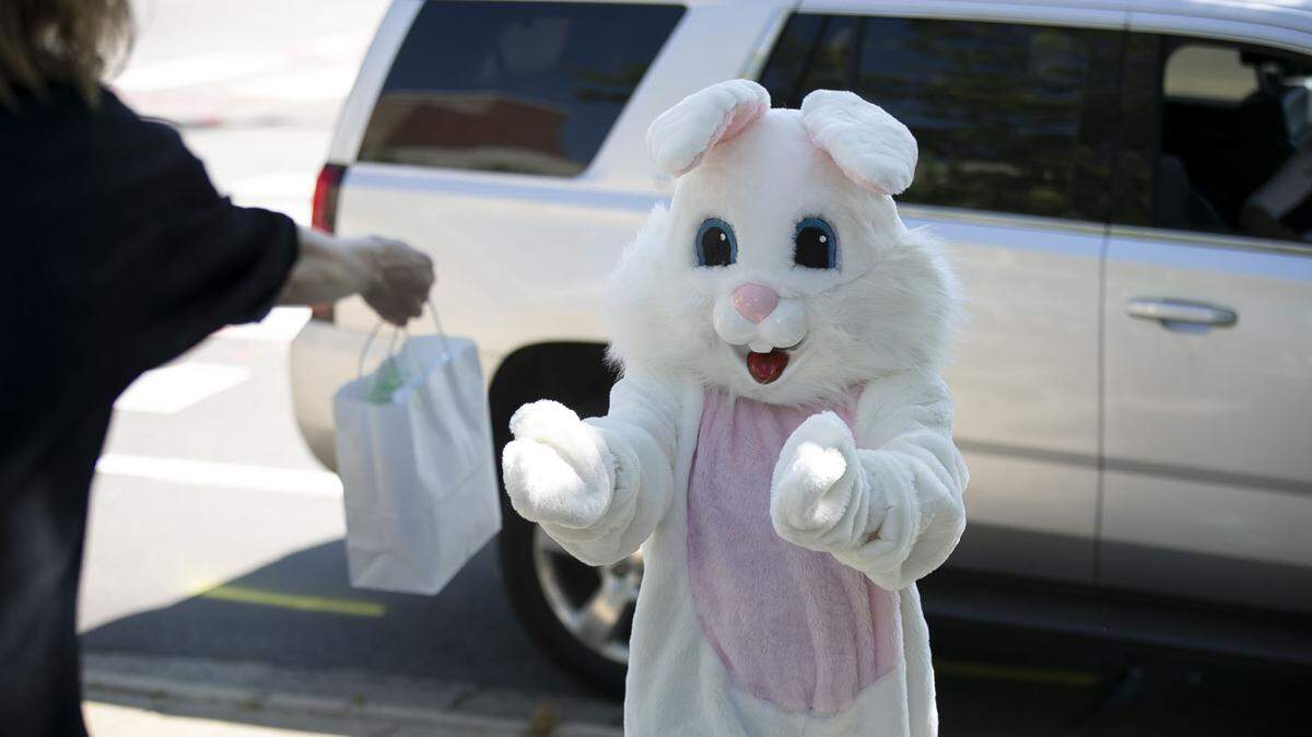 Emily Walton hands a bag of Easter eggs to the Easter Bunny as they distributed then to families that drove by the church on Wednesday, April 8, 2020 in Raleigh, N.C.