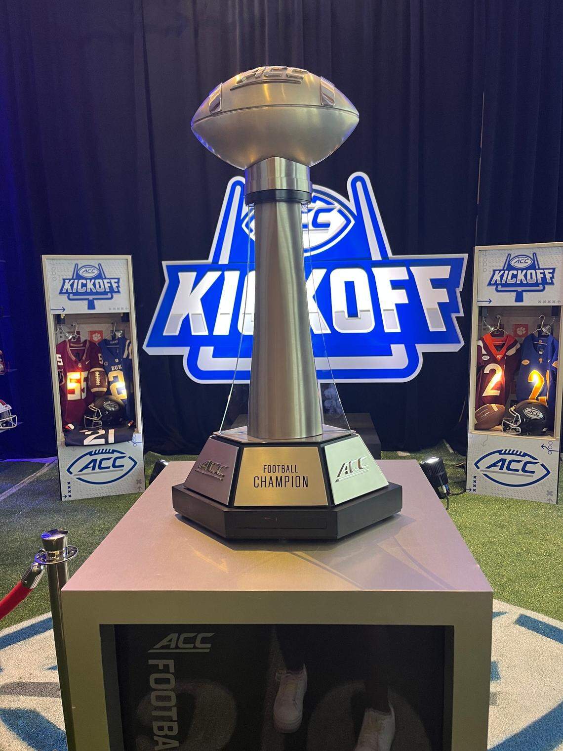 ACC Football Championship trophy on display at the 2023 ACC Kickoff in Charlotte, NC on July 26, 2023.