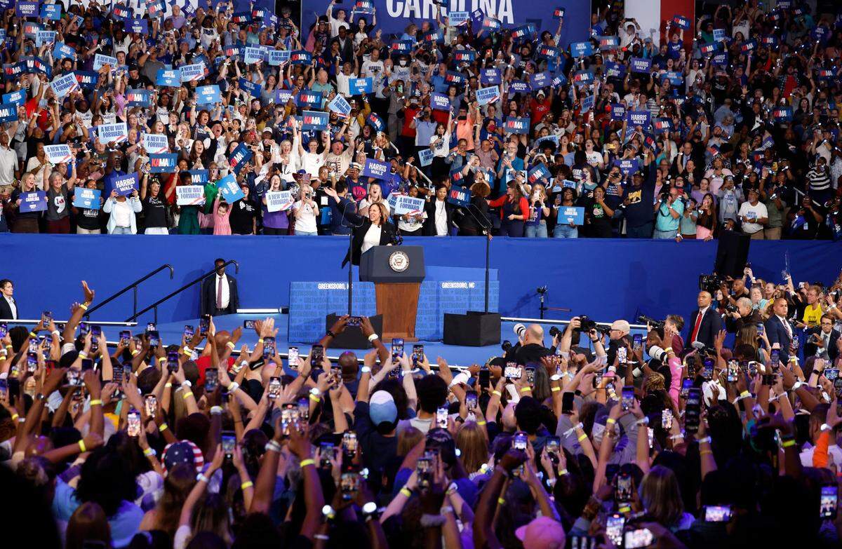 Vice President and democratic nominee for president Kamala Harris acknowledges the crowd during a rally at the Greensboro Coliseum in Greensboro, N.C., Thursday, Sept. 12, 2024.