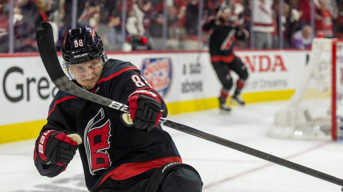 Carolina Hurricanes center Martin Necas (88) reacts after scoring on New York Rangers goaltender Igor Shesterkin (31) in the first period during Game 6 in the second round of the 2024 Stanley Cup playoffs on Thursday, May 16, 2024 at PNC Arena in Raleigh N.C.