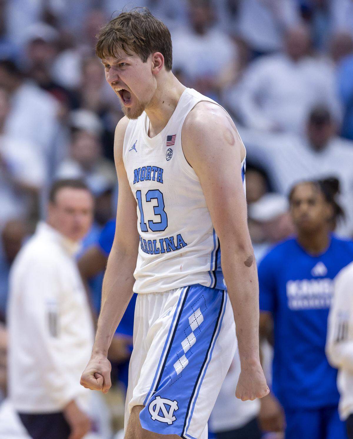 North Carolina center Henri Veesaar (13) reacts after cutting the Kansas lead to two points early in the second half on Friday, November 7, 2025 at the Smith Center in Chapel Hill, N.C.