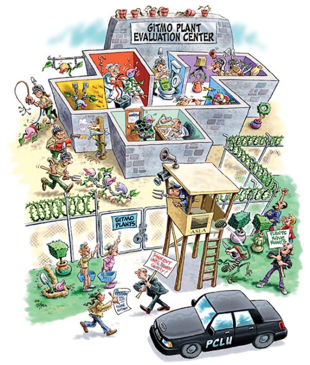 Raleigh Plant Delights Nursery’s catalog from 2005 featued perennials escaping from a cartoon version of Guantanamo Bay prison.