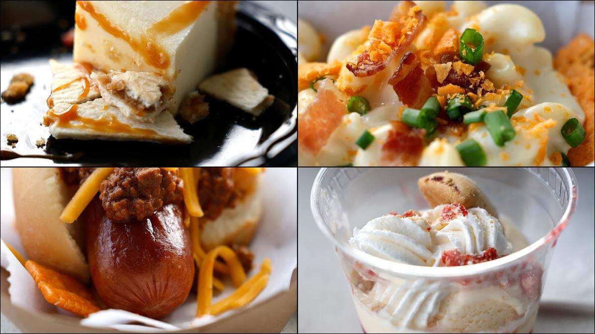Some of the food that will be offered at the Pop-Tarts Bowl in Orlando, Fla. include, clockwise from top left, End Zone Celebration Brown Sugar Cinnamon Pop-Tarts cheesecake, Mac-n-Cheez-It nachos, Pop-Tarts ice cream sundae and Loaded Chili Cheez-It crunch dog.