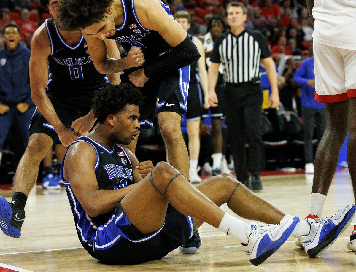 Duke’s Sean Stewart reacts after being fouled during the second half of the Blue Devils’ 79-64 win over N.C. State on Monday, March 4, 2024, at PNC Arena in Raleigh, N.C.