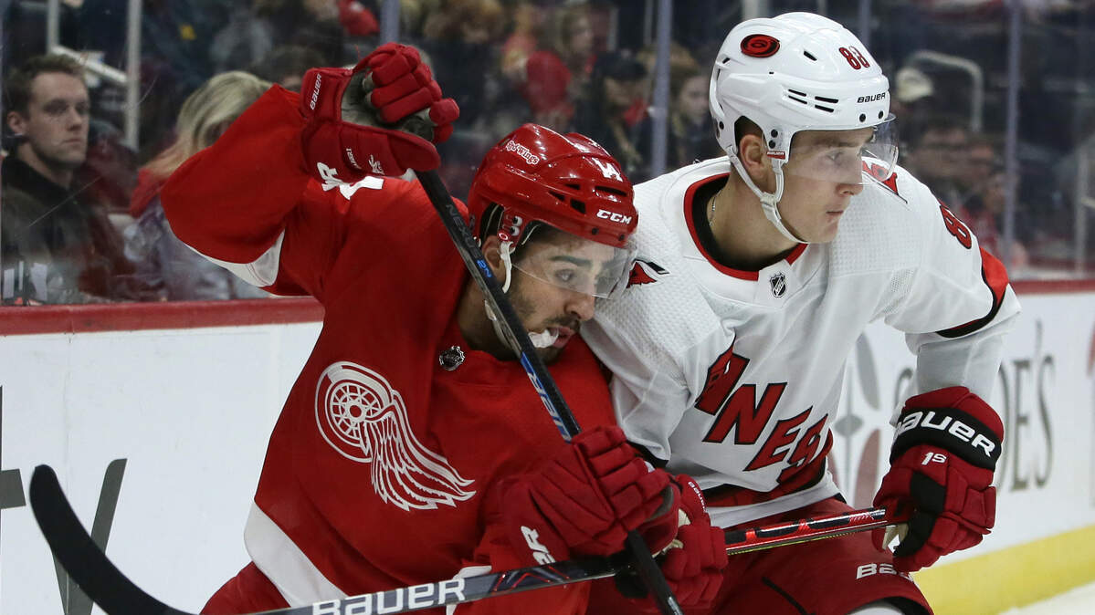 Carolina Hurricanes center Martin Necas (88) holds off Detroit Red Wings center Robby Fabbri (14) during the third period of an NHL hockey game Tuesday, March 10, 2020, in Detroit. The Hurricanes defeated the Red Wings 5-2. (AP Photo/Duane Burleson)