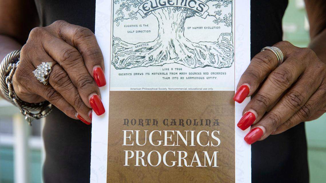 Orlice “Lisa” Hodges clutches an educational brochure about North Carolinas’ eugenics program on August 5, 2021, in Raleigh. As a young woman, Hodges was told by relatives that her aunt was “fixed”- a term she did not understand until she was older. She later understood it to mean her aunt was sterilized, or medically robbed of the ability to have children.